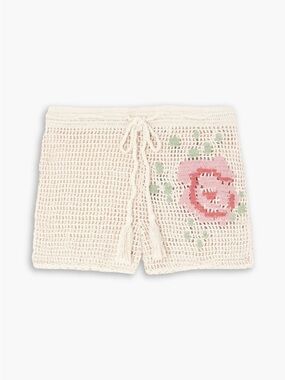 New Alix Of Bohemia Crochet Cream Shorts with Pink Rose Embroidery! BEAUTIFUL